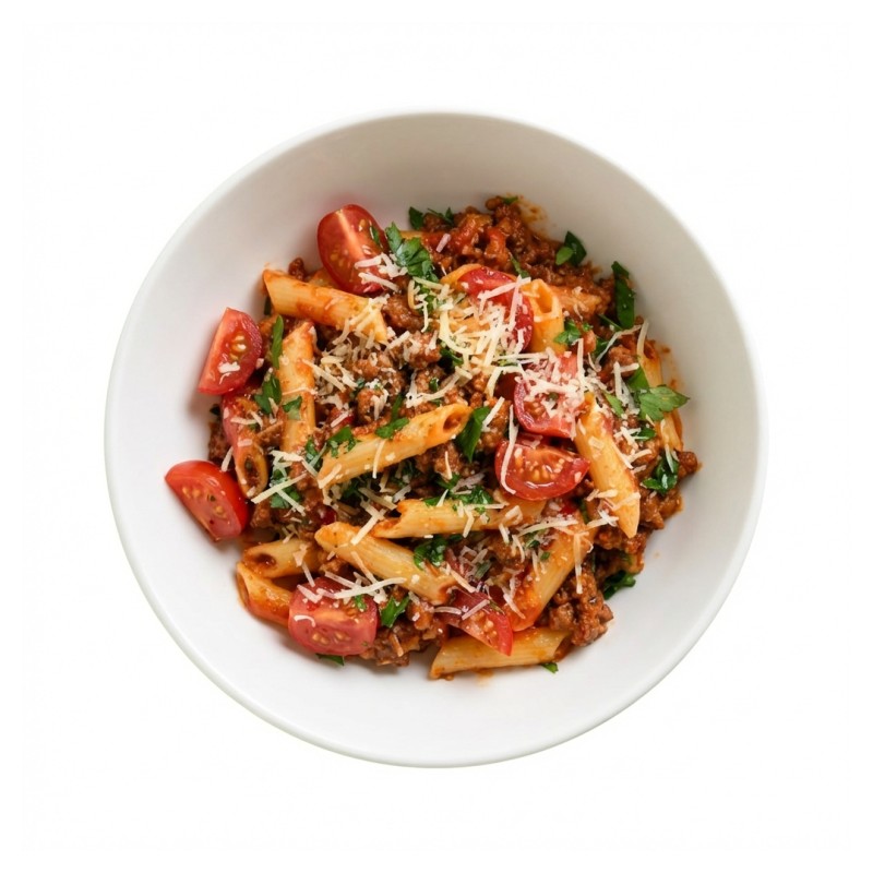 Penne Con Polpette, Sauce Tomate, Basilic Et Burratina
