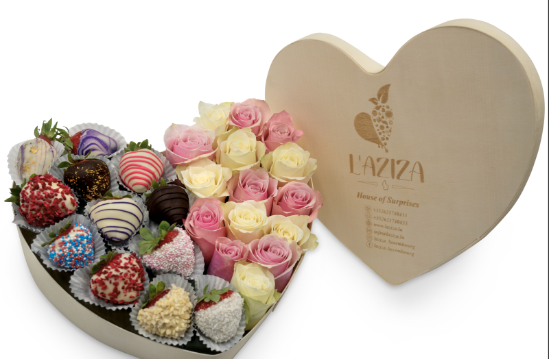 Heart Box Mix Of Flowers And Strawberries