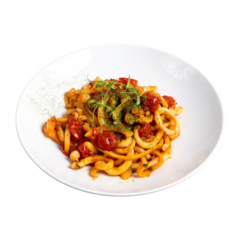 Pâtes Fraîches Aux Scampi, Calamares Et Tomates