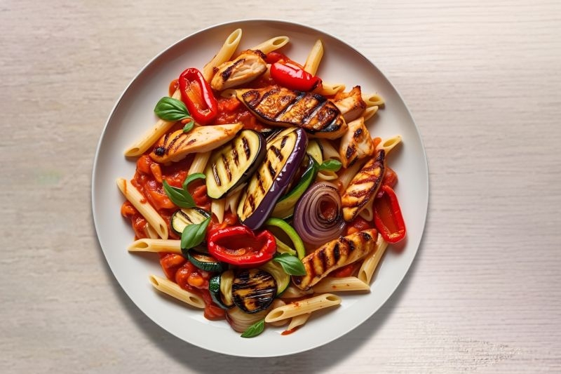 Spaghetti Ou Penne Aux Légumes Grillés Et Poulet Rôti