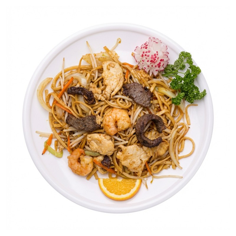 87 Nouilles Sautées Aux Trois Délices (Poulet, Boeuf, Scampis)