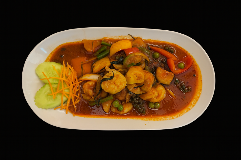 (38) Crevettes Sautées Au Poivre Vert Et Aux Herbes Fraîches Thaïlandaises