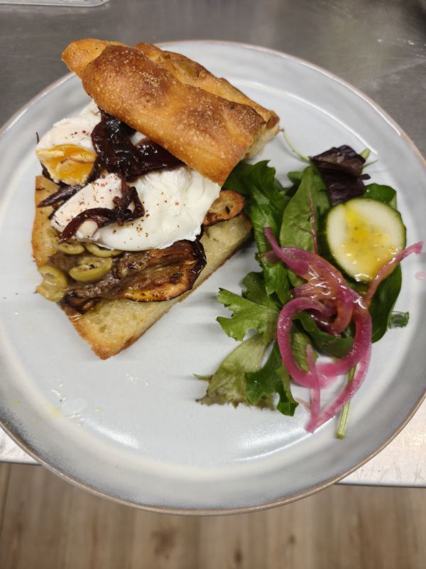 Foccacia, Roasted Jerusalem Artichoke, Soft Boiled Egg, Red Onion, Olives And Herbs