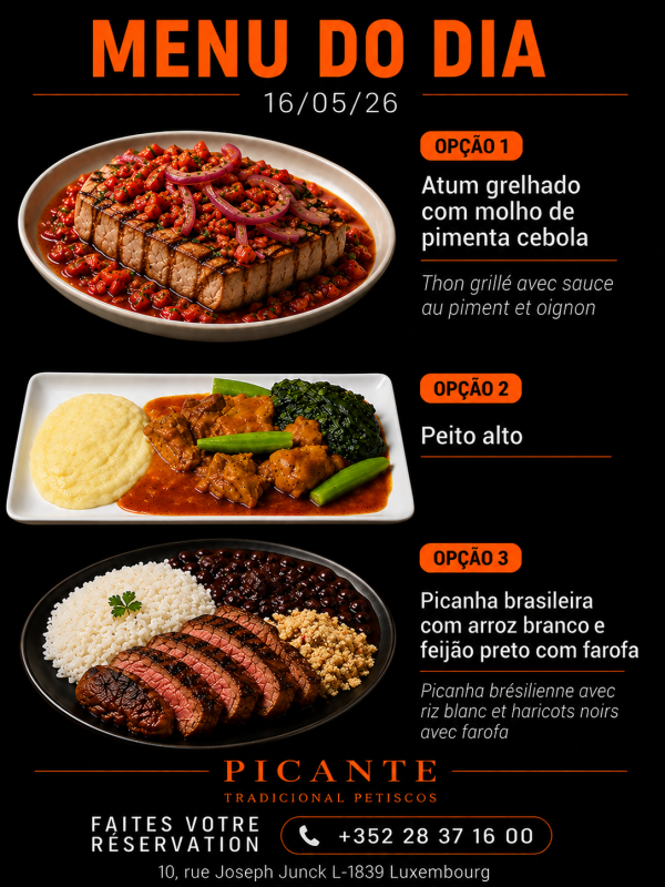Menu Du Jour Picanha Brasileira Com Arroz Branco E Feijao Preto Com Farofa (Picanha Brésilienne Avec Ri Blanc Et Haricots Noirs Et Farofa))