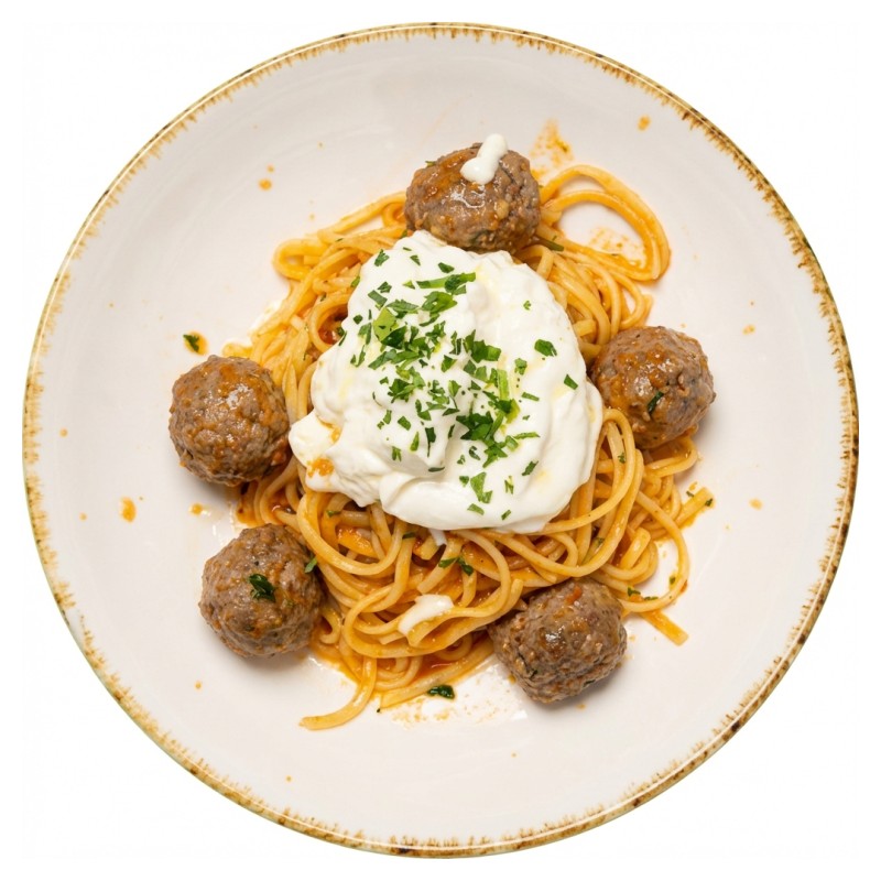 Linguine Con Polpette, Sauce Tomate, Basilic Et Burrata