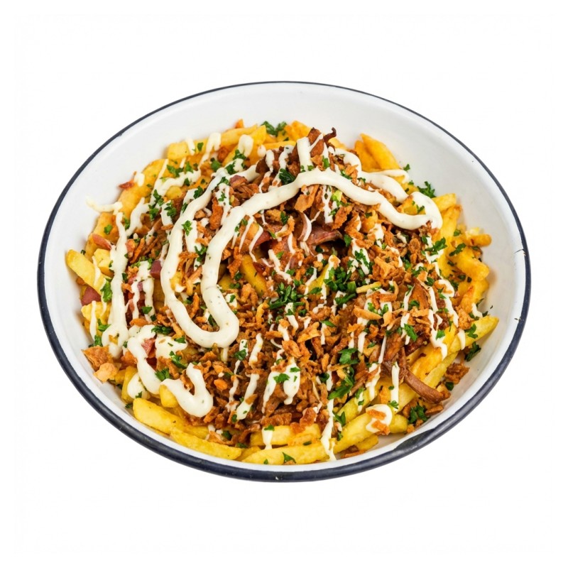 Bacon, Pulled Pork, Cheddar, Cream & Grilled Onions