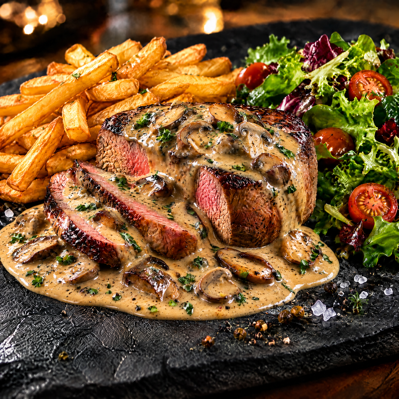 Entrecôte Crème Champignons,Avec Frites Et Salade