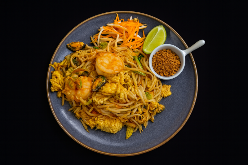 (03) Nouilles De Riz Sautées Avec Des Fruits De Mer Et Sauce Au Tamarin