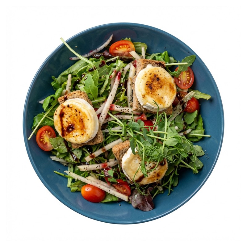 Crottin De Chèvre Chaud Au Muscovado En Salade Avec Sa Julienne De Poire Et Framboise & Graine De Pavot